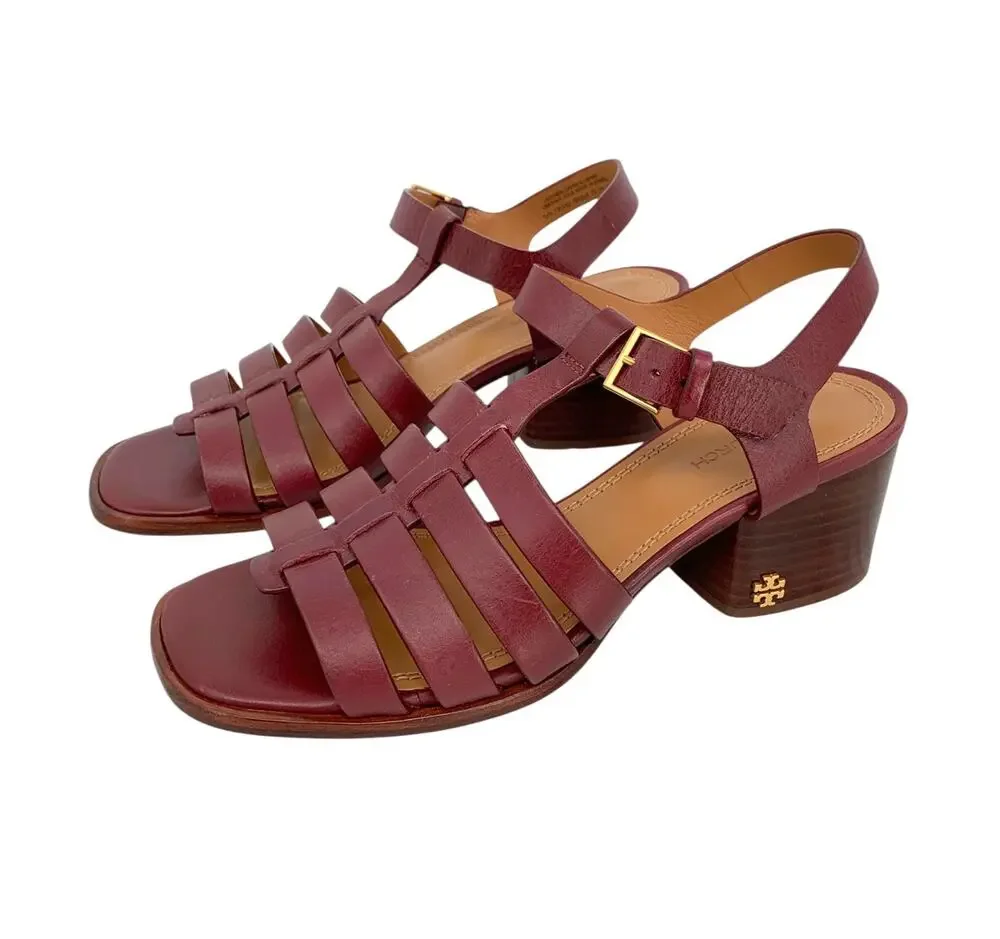TORY BURCH Leather Fisherman Block Heel Sandals Claret Red Womens US 5.5